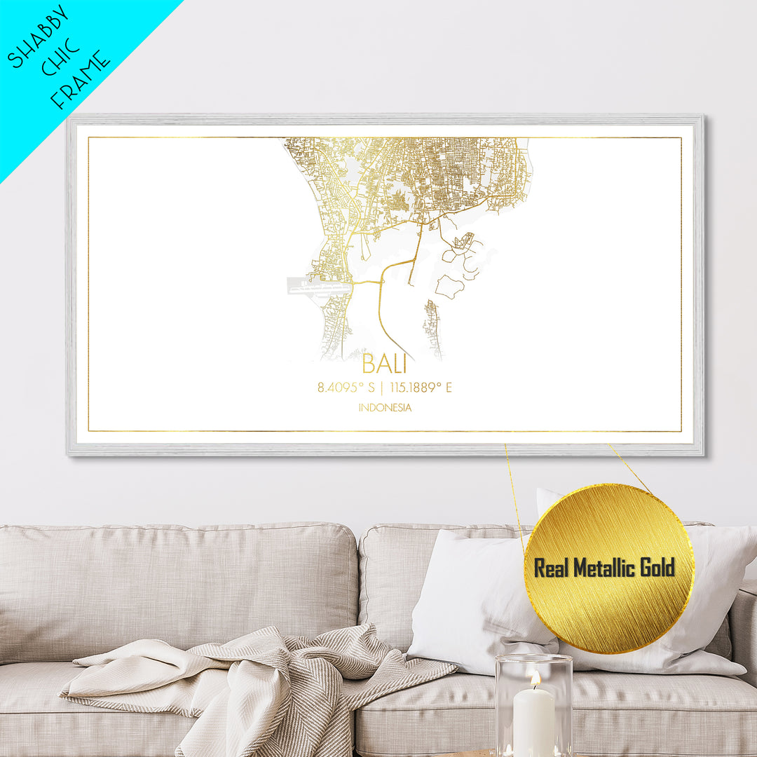 Bali Indonesia City Poster, Metallic Gold Art, Metal Art, real wood frames, black and gold, Travel Poster, Street Map Art, Gold Street Map Art