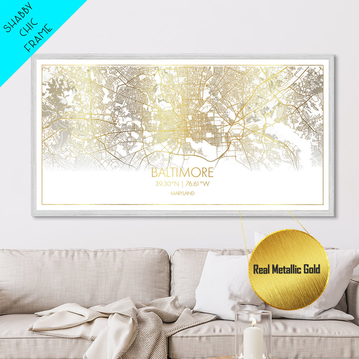 Baltimore Maryland City street map, Metallic Gold Print, Metal Art, wood framed map, black and gold, Street Map Art, Office Decor, Real Wood Frames