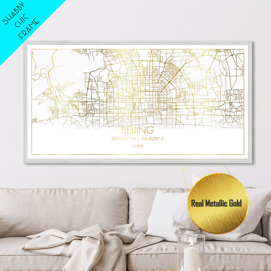 Beijing China City street map, Metallic Gold Print, Metal Art, wood framed map, black and gold, Street Map Art, Best Friend Gifts, Travel Poster