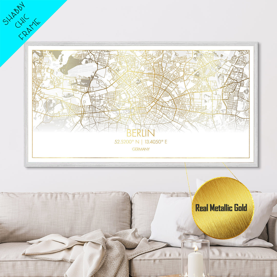Berlin Germany City Poster, Metallic Gold Art, Metal Art, real wood frames, black and gold, Street Map Wall Art, Map Art, Real Wood Frames