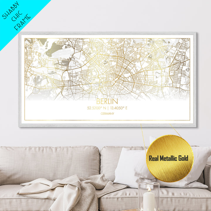 Berlin Germany City Poster, Metallic Gold Art, Metal Art, real wood frames, black and gold, Street Map Wall Art, Map Art, Real Wood Frames