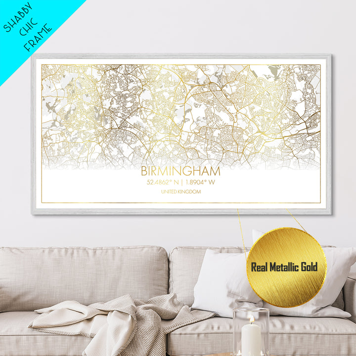 Birmingham United Kingdom City Poster, Metallic Gold Art, Metal Art, real wood frames, black and gold, Street Map Art, Gold Street Map Art, Office Decor