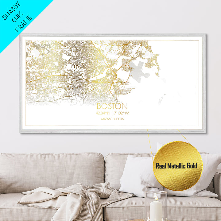 Boston Massachusetts City Poster, Metallic Gold Art, Metal Art, real wood frames, black and gold, Street Map Art, Modern Wall Art