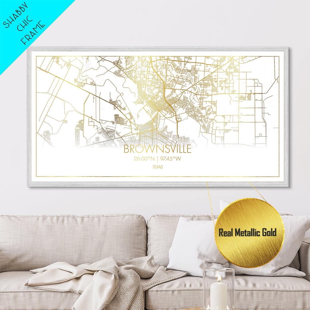 Brownsville Texas City street map, Metallic Gold Print, Metal Art, wood framed map, black and gold, Travel Poster, Street Map Art, Gold Street Map Art