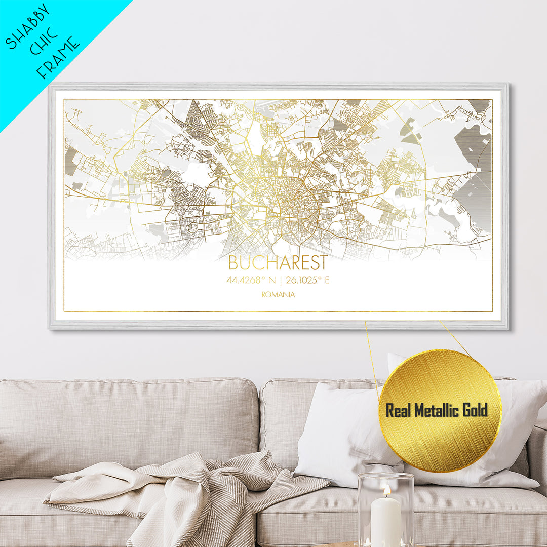 Bucharest Romania City street map, Metallic Gold Print, Metal Art, wood framed map, black and gold, Map Art, Street Map Art, Travel Poster