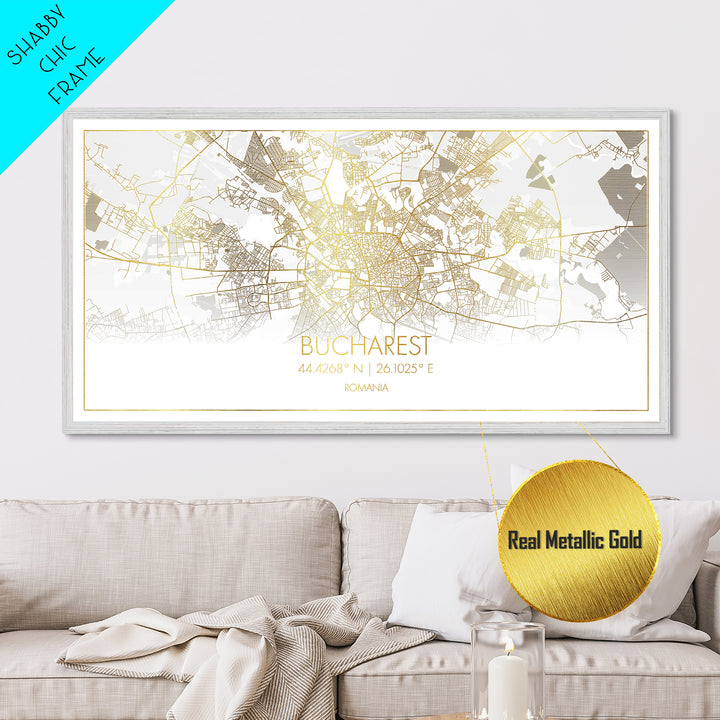 Bucharest Romania City street map, Metallic Gold Print, Metal Art, wood framed map, black and gold, Map Art, Street Map Art, Travel Poster