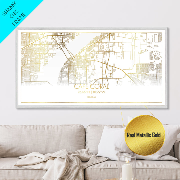 Cape Coral Florida City Poster, Metallic Gold Art, Metal Art, real wood frames, black and gold, Street Map Art, Map Print Poster, Travel Poster