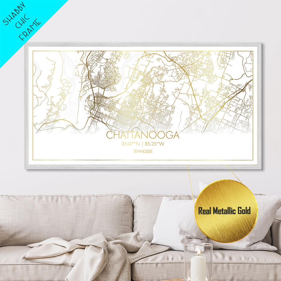 Chattanooga Tennessee City street map, Metallic Gold Print, Metal Art, wood framed map, black and gold, Modern Wall Art, Map Art, Travel Poster