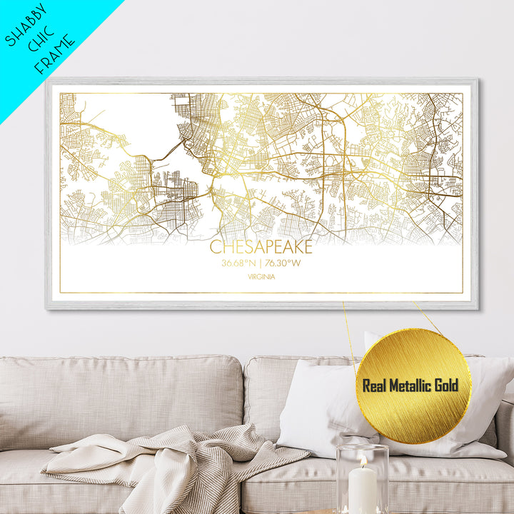 Chesapeake Virginia City Poster, Metallic Gold Art, Metal Art, real wood frames, black and gold, Street Map Art, Minimalist Wall Art, Office Decor