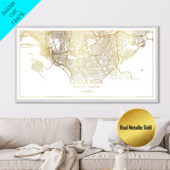 Chula Vista California City Poster, Metallic Gold Art, Metal Art, real wood frames, black and gold, Map Print Poster, Travel Poster, Modern House Art