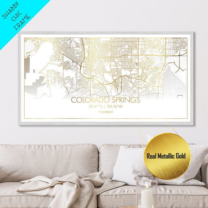 Colorado Springs Colorado City Poster, Metallic Gold Art, Metal Art, real wood frames, black and gold, Street Map Wall Art, Travel Poster, Map Art
