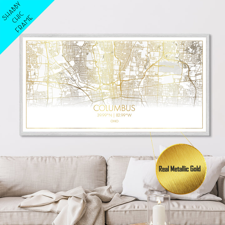 Columbus Ohio City Poster, Metallic Gold Art, Metal Art, real wood frames, black and gold, Street Map Wall Art, Map Art, Real Wood Frames
