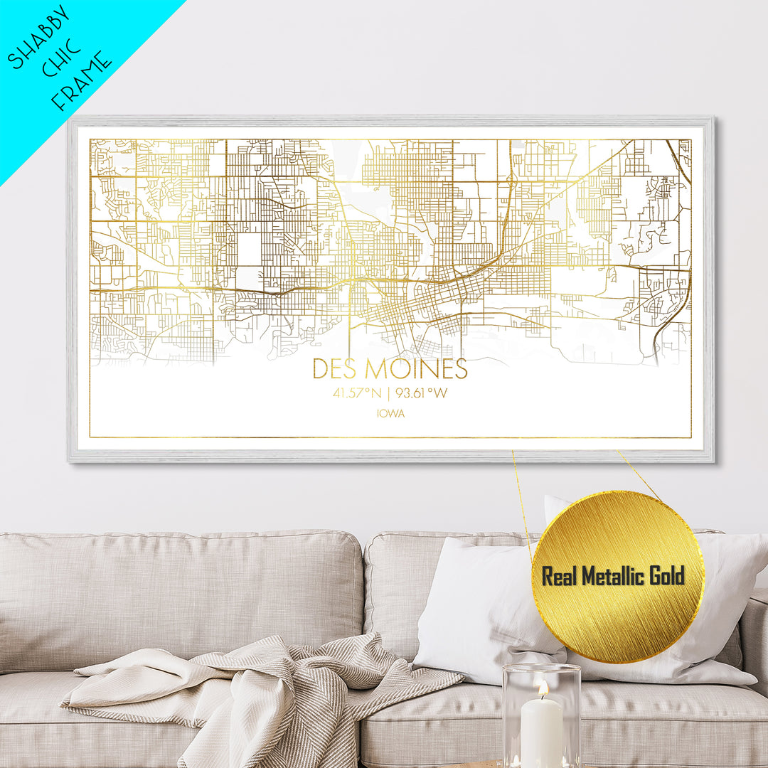 Des Moines Iowa City Poster, Metallic Gold Art, Metal Art, real wood frames, black and gold, Street Map Wall Art, Housewarming Gift, Map Art