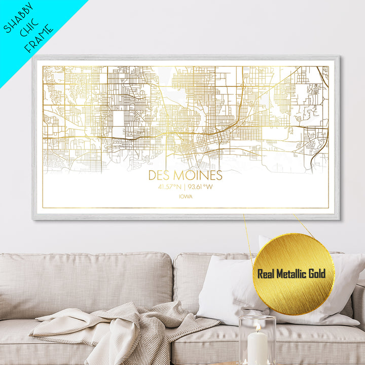 Des Moines Iowa City Poster, Metallic Gold Art, Metal Art, real wood frames, black and gold, Street Map Wall Art, Housewarming Gift, Map Art