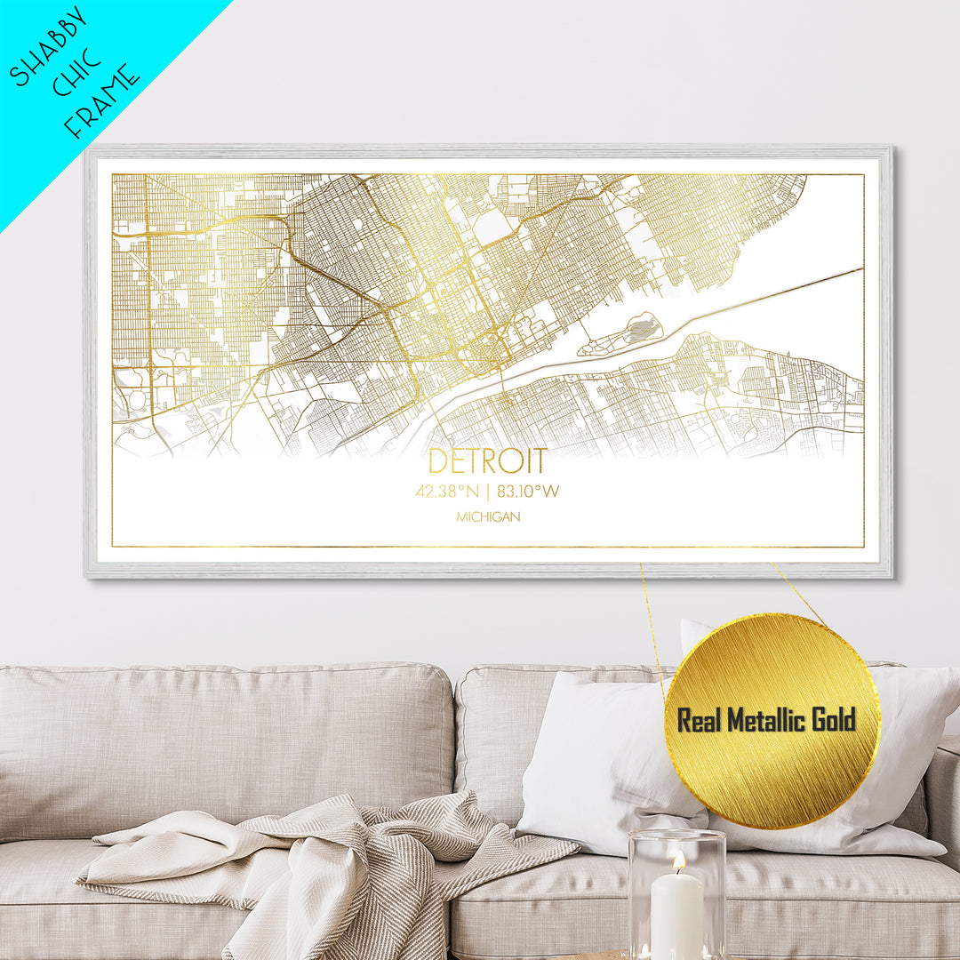 Detroit Michigan City street map, Metallic Gold Print, Metal Art, wood framed map, black and gold, Street Map Art, Map Print Poster