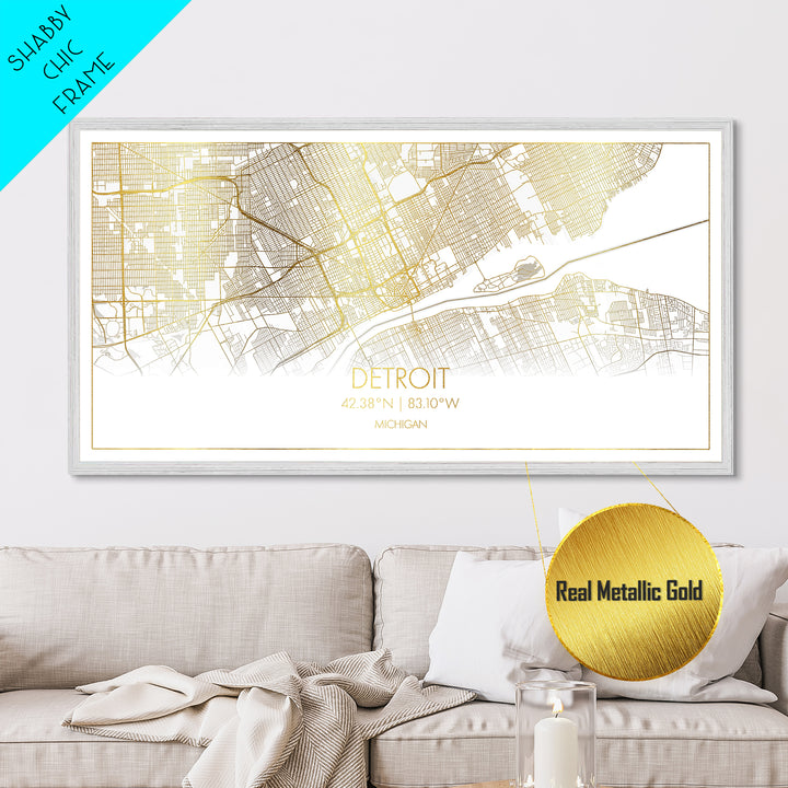 Detroit Michigan City street map, Metallic Gold Print, Metal Art, wood framed map, black and gold, Street Map Art, Map Print Poster
