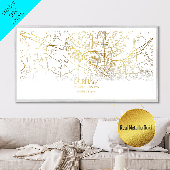 Durham North Carolina City Poster, Metallic Gold Art, Metal Art, real wood frames, black and gold, Street Map Art, Minimalist Wall Art, Office Decor