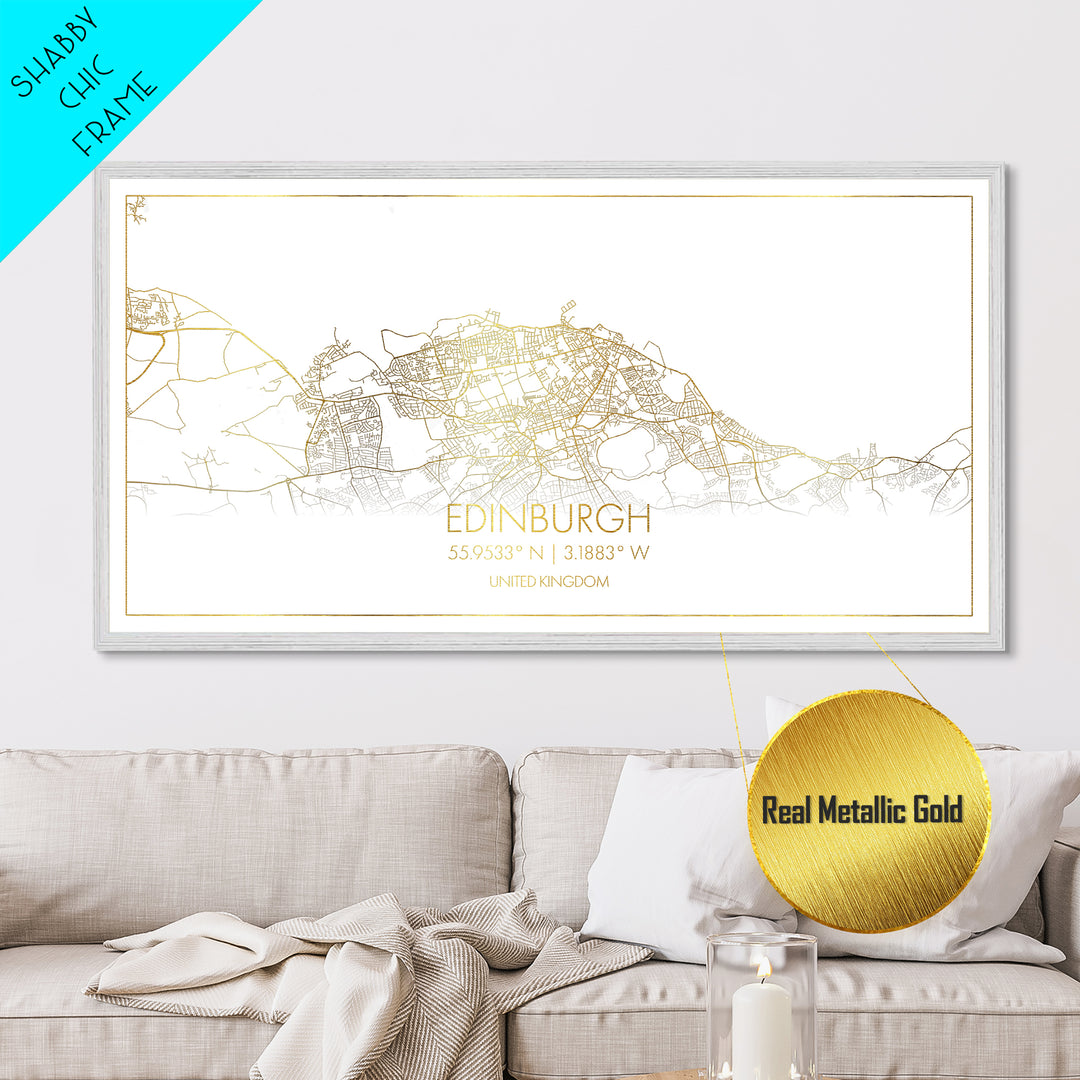 Edinburgh United Kingdom City street map, Metallic Gold Print, Metal Art, wood framed map, black and gold, Street Map Art, Travel Poster, Modern Wall Art
