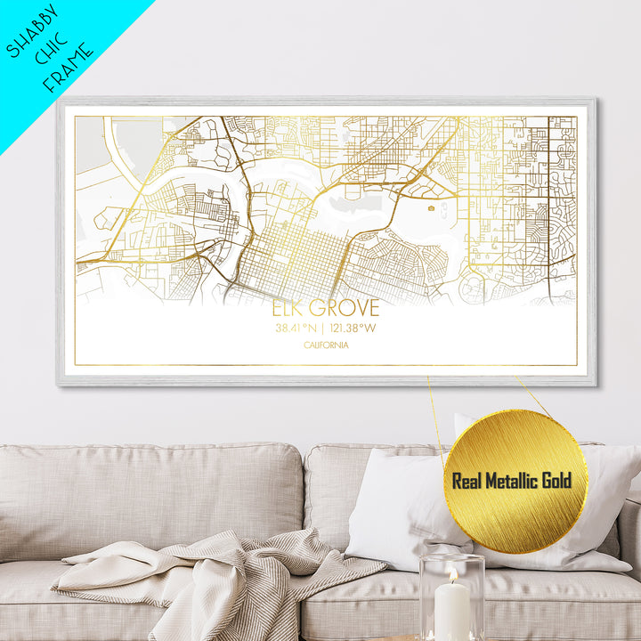 Elk Grove California City Poster, Metallic Gold Art, Metal Art, real wood frames, black and gold, Street Map Wall Art, Office Decor