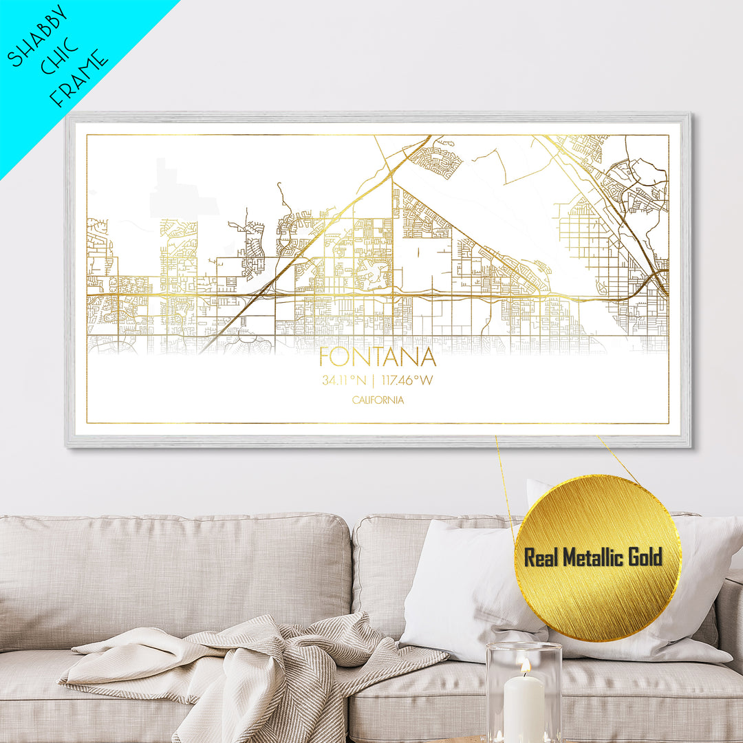 Fontana California City Poster, Metallic Gold Art, Metal Art, real wood frames, black and gold, Street Map Wall Art, Gold Street Map Art