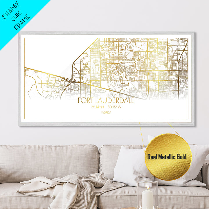 Fort Lauderdale Florida City street map, Metallic Gold Print, Metal Art, wood framed map, black and gold, Street Map Art, Housewarming Gift