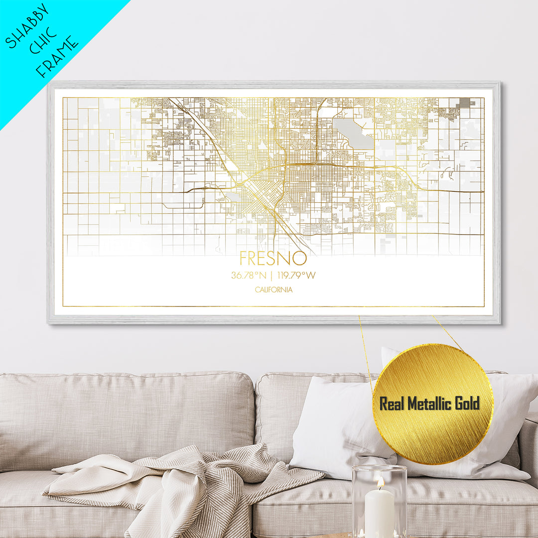 Fresno California City street map, Metallic Gold Print, Metal Art, wood framed map, black and gold, Street Map Art, Map Print Poster