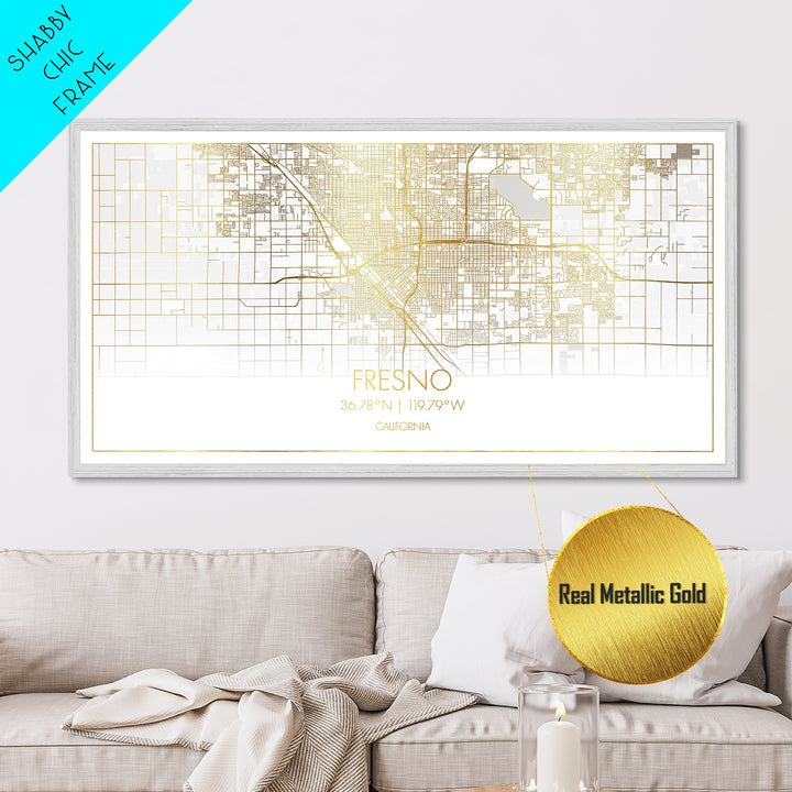 Fresno California City street map, Metallic Gold Print, Metal Art, wood framed map, black and gold, Street Map Art, Map Print Poster