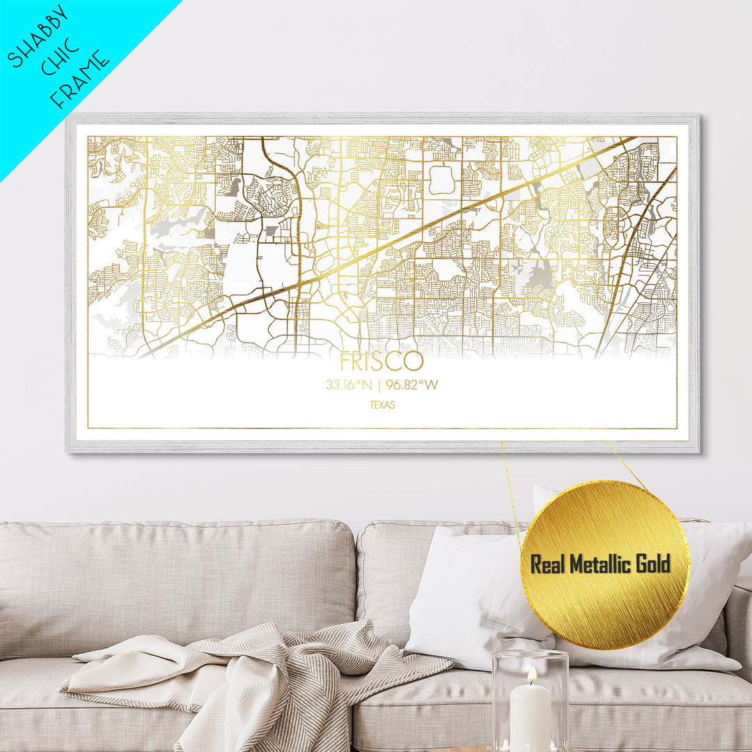 Frisco Texas City Poster, Metallic Gold Art, Metal Art, real wood frames, black and gold, Street Map Wall Art, College Dorm Décor, Office Decor