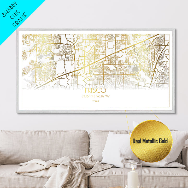 Frisco Texas City Poster, Metallic Gold Art, Metal Art, real wood frames, black and gold, Street Map Wall Art, College Dorm Décor, Office Decor