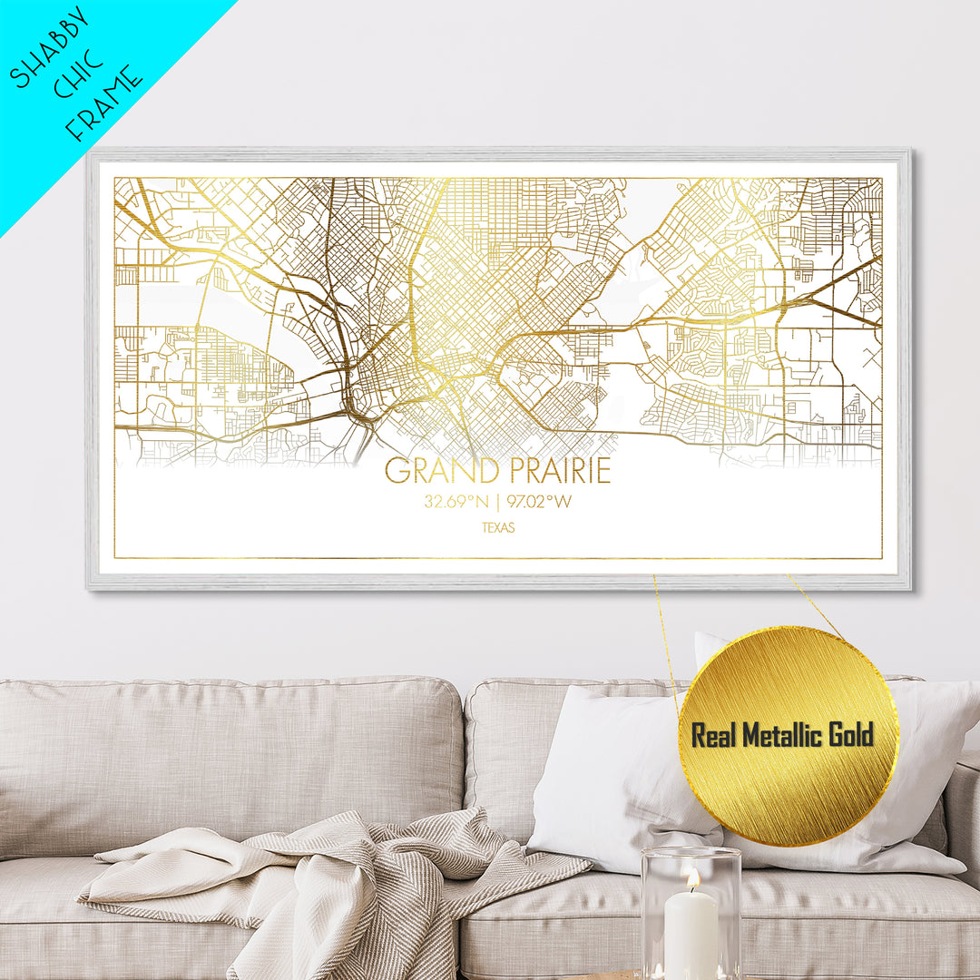 Grand Prairie Texas City Poster, Metallic Gold Art, Metal Art, real wood frames, black and gold, Street Map Wall Art, Map Art