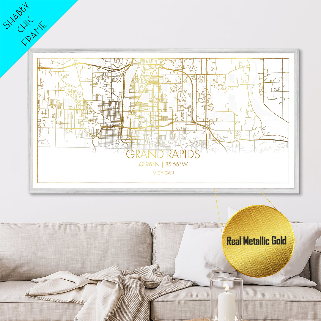 Grand Rapids Michigan City street map, Metallic Gold Print, Metal Art, wood framed map, black and gold, Street Map Art, Housewarming Gift