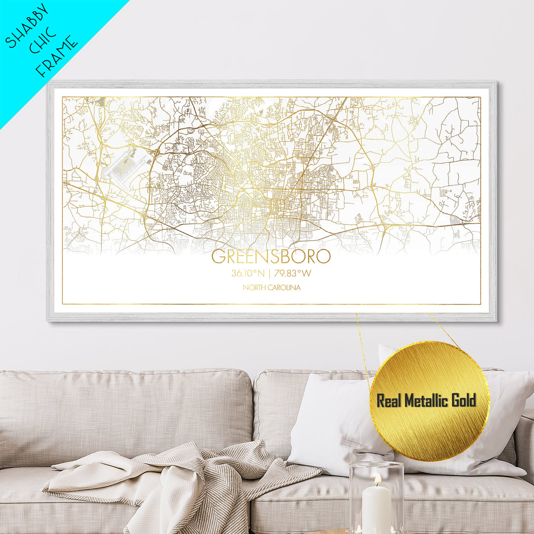 Greensboro North Carolina City Poster, Metallic Gold Art, Metal Art, real wood frames, black and gold, Street Map Wall Art, Office Decor