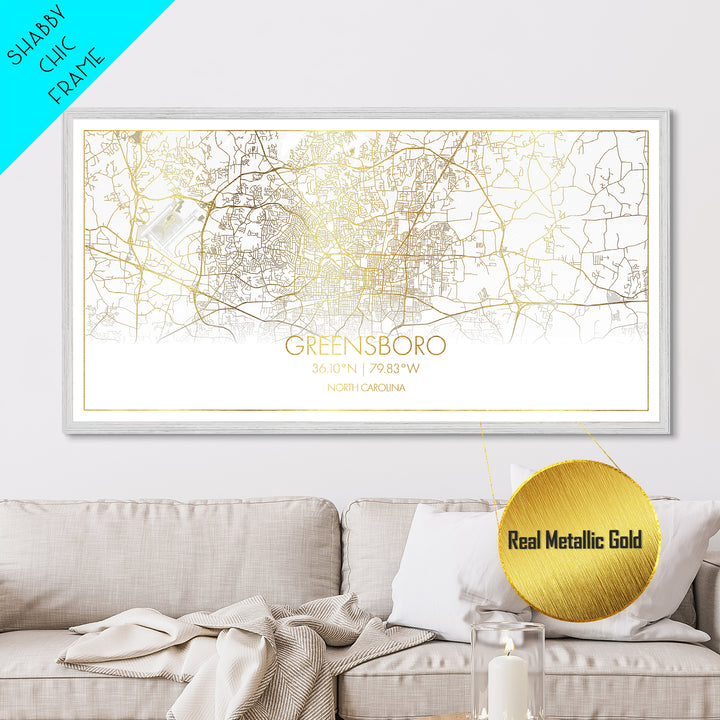 Greensboro North Carolina City Poster, Metallic Gold Art, Metal Art, real wood frames, black and gold, Street Map Wall Art, Office Decor