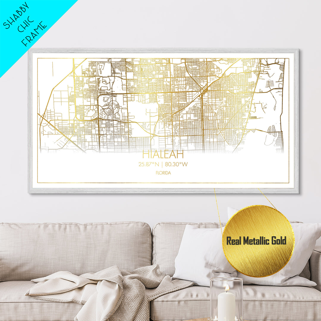 Hialeah Florida City Poster, Metallic Gold Art, Metal Art, real wood frames, black and gold, Street Map Wall Art, Map Print Poster