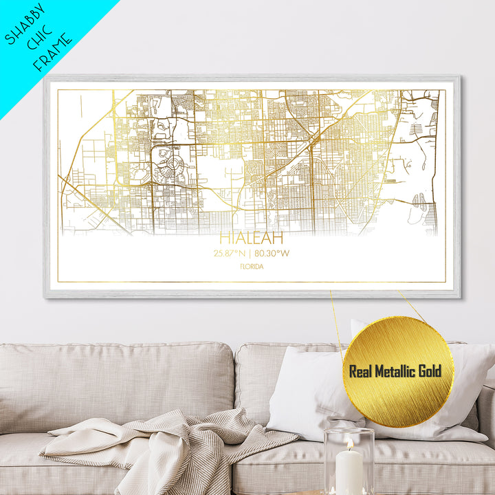 Hialeah Florida City Poster, Metallic Gold Art, Metal Art, real wood frames, black and gold, Street Map Wall Art, Map Print Poster