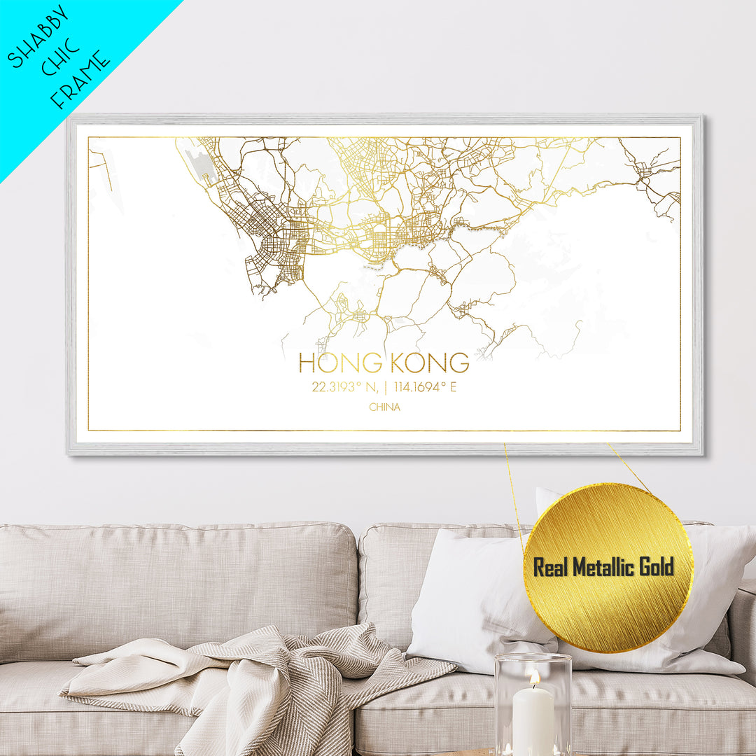 Hong Kong China City street map, Metallic Gold Print, Metal Art, wood framed map, black and gold, Street Map Art, College Dorm Décor