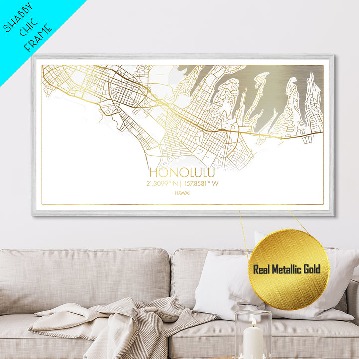Honolulu Hawaii City Poster, Metallic Gold Art, Metal Art, real wood frames, black and gold, Street Map Wall Art, Best Friend Gifts