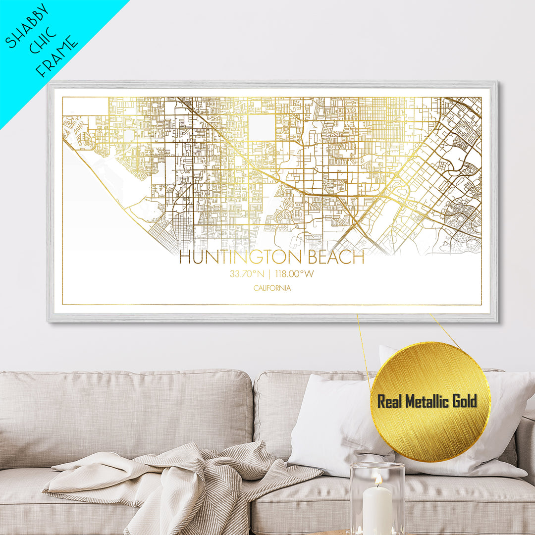 Huntington Beach California City Poster, Metallic Gold Art, Metal Art, real wood frames, black and gold, Street Map Wall Art, Office Decor