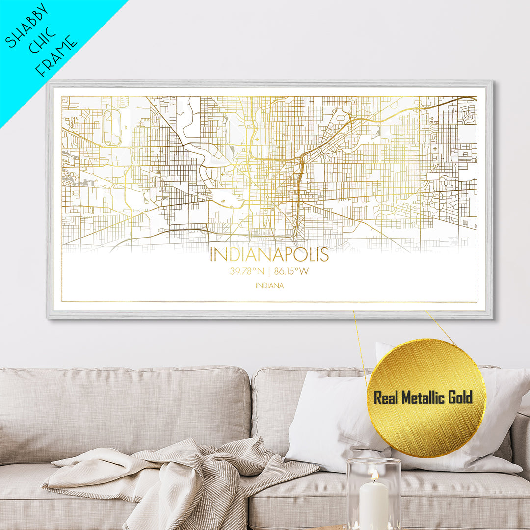 Indianapolis Indiana City Poster, Metallic Gold Art, Metal Art, real wood frames, black and gold, Street Map Wall Art, Map Print Poster