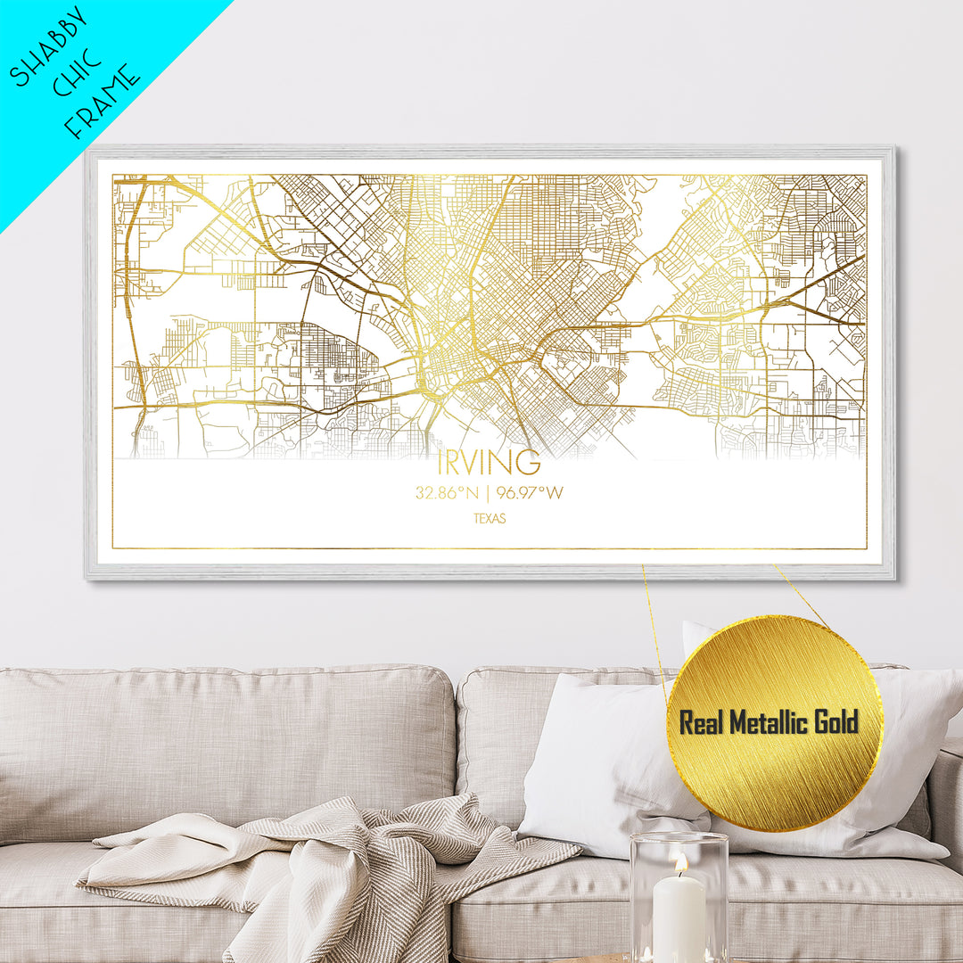 Irving Texas City Poster, Metallic Gold Art, Metal Art, real wood frames, black and gold, Street Map Wall Art, College Dorm Décor