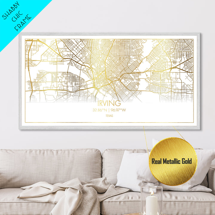 Irving Texas City Poster, Metallic Gold Art, Metal Art, real wood frames, black and gold, Street Map Wall Art, College Dorm Décor