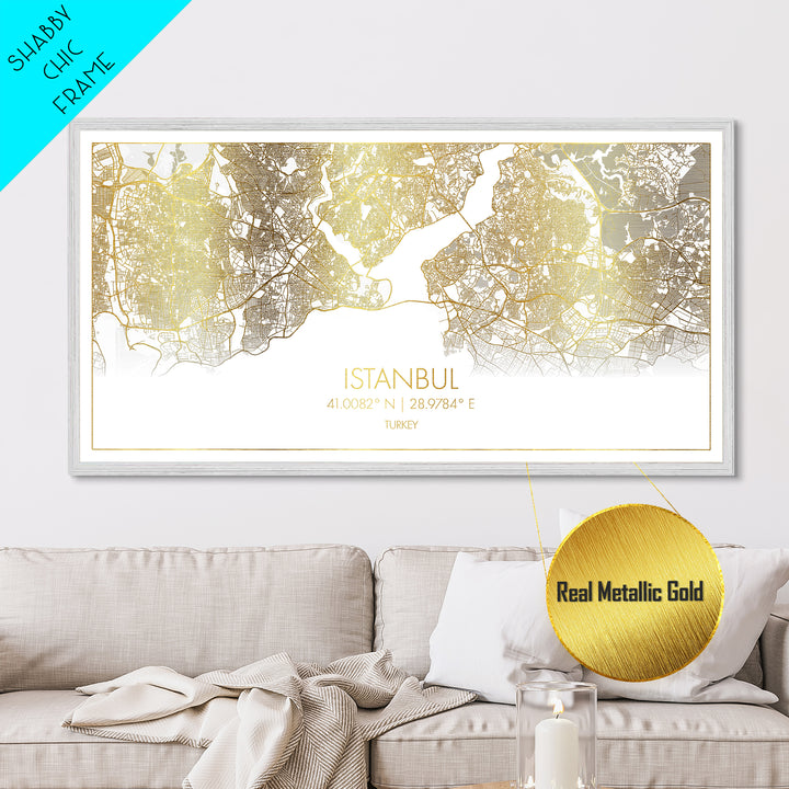 Istanbul Turkey City Poster, Metallic Gold Art, Metal Art, real wood frames, black and gold, Street Map Wall Art, Housewarming Gift