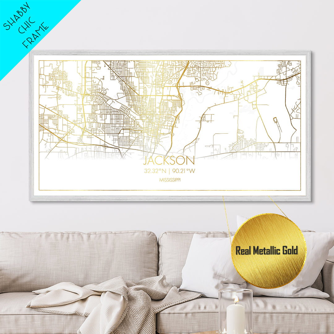 Jackson Mississippi City street map, Metallic Gold Print, Metal Art, wood framed map, black and gold, Street Map Art, Map Art