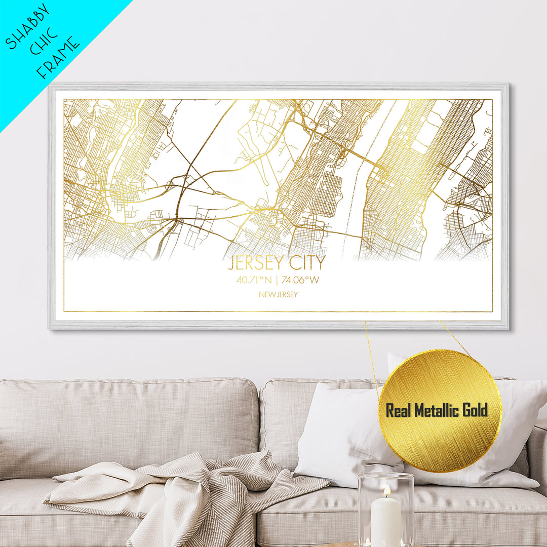 Jersey City New Jersey City Poster, Metallic Gold Art, Metal Art, real wood frames, black and gold, Street Map Wall Art, College Dorm Décor