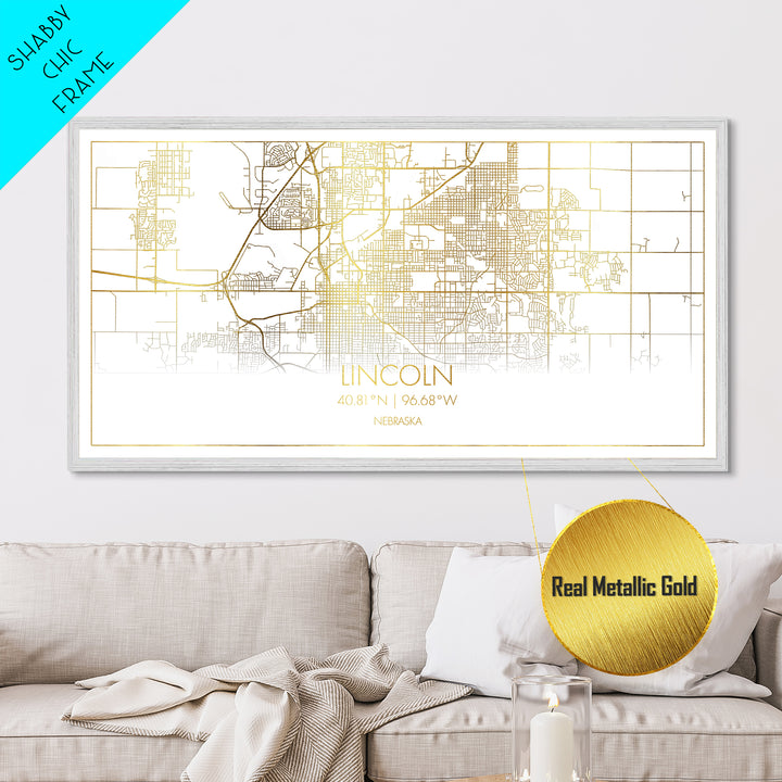 Lincoln Nebraska City Poster, Metallic Gold Art, Metal Art, real wood frames, black and gold, Street Map Art, Best Friend Gifts