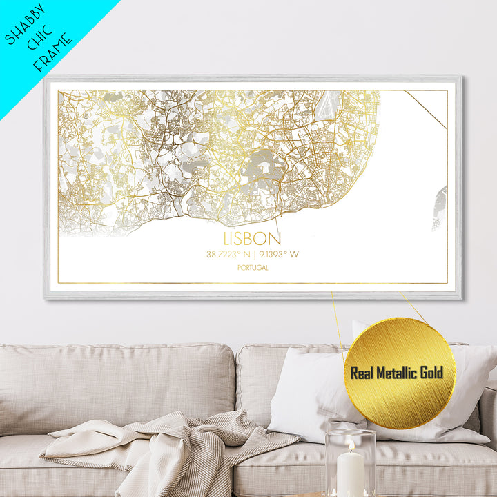 Lisbon Portugal City street map, Metallic Gold Print, Metal Art, wood framed map, black and gold, Travel Poster, Modern Wall Art