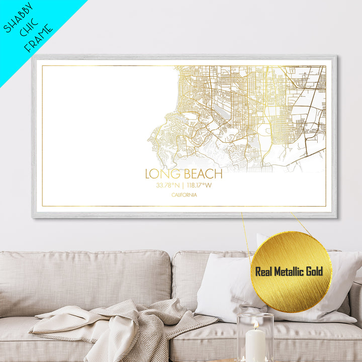 Long Beach California City Poster, Metallic Gold Art, Metal Art, real wood frames, black and gold, Gold Street Map Art, Minimalist Wall Art