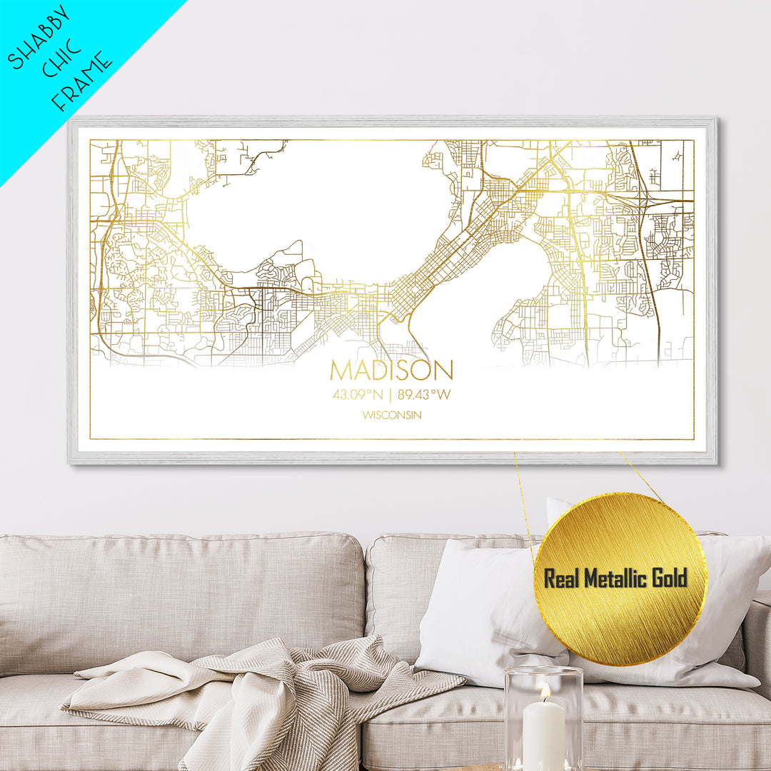 Madison Wisconsin City Poster, Metallic Gold Art, Metal Art, real wood frames, black and gold, Travel Poster, Minimalist Wall Art