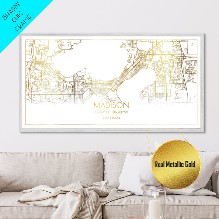Madison Wisconsin City Poster, Metallic Gold Art, Metal Art, real wood frames, black and gold, Travel Poster, Minimalist Wall Art