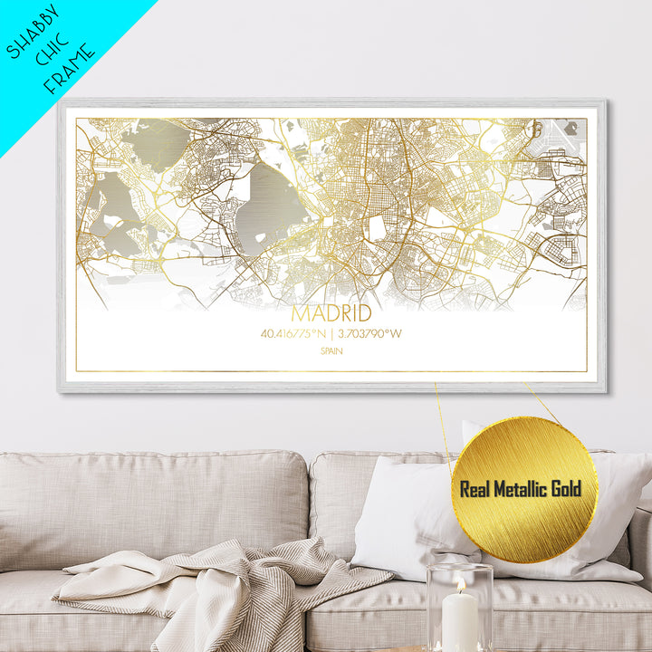 Madrid Spain City street map, Metallic Gold Print, Metal Art, wood framed map, black and gold, Street Map Wall Art, College Dorm Décor